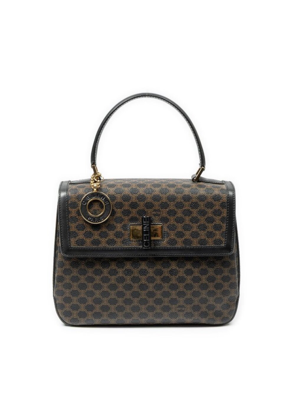 Celine Vintage Turnlock Charm Top Handle Bag Brown Black Macadam Canvas